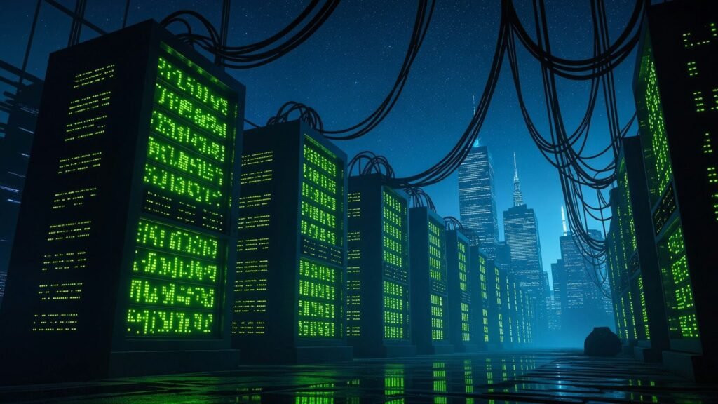 A futuristic cityscape at night with glowing green data-center server towers