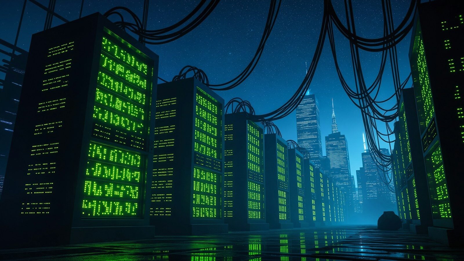 A futuristic cityscape at night with glowing green data-center server towers